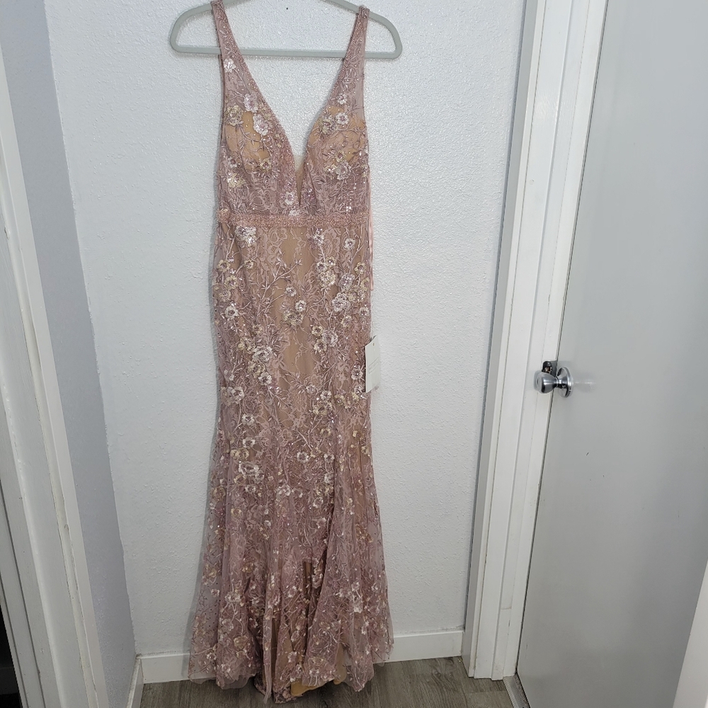 Mac Duggal 67481 Pink Floral Embellished Sleeveless Plunge Neck Gown NWT Size 4 - Picture 6 of 15